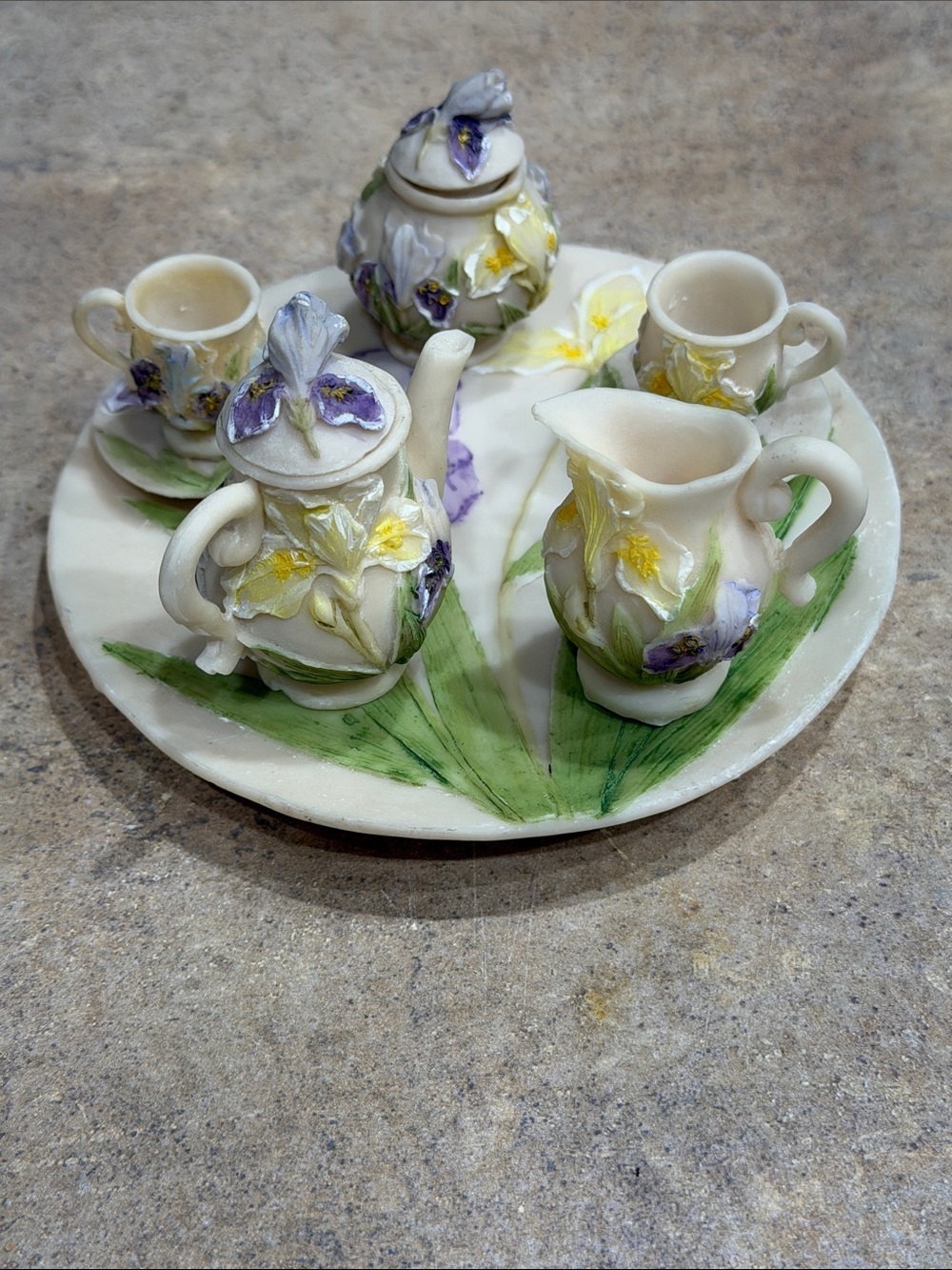 Miniature Porcelain Tea Set with Hand-Painted Floral Relief